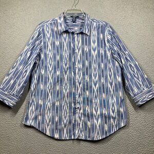 Chaps Ikat Print Button Up Top Womens XL Blue Aztec Southwest Artsy 3/4 Sleeve